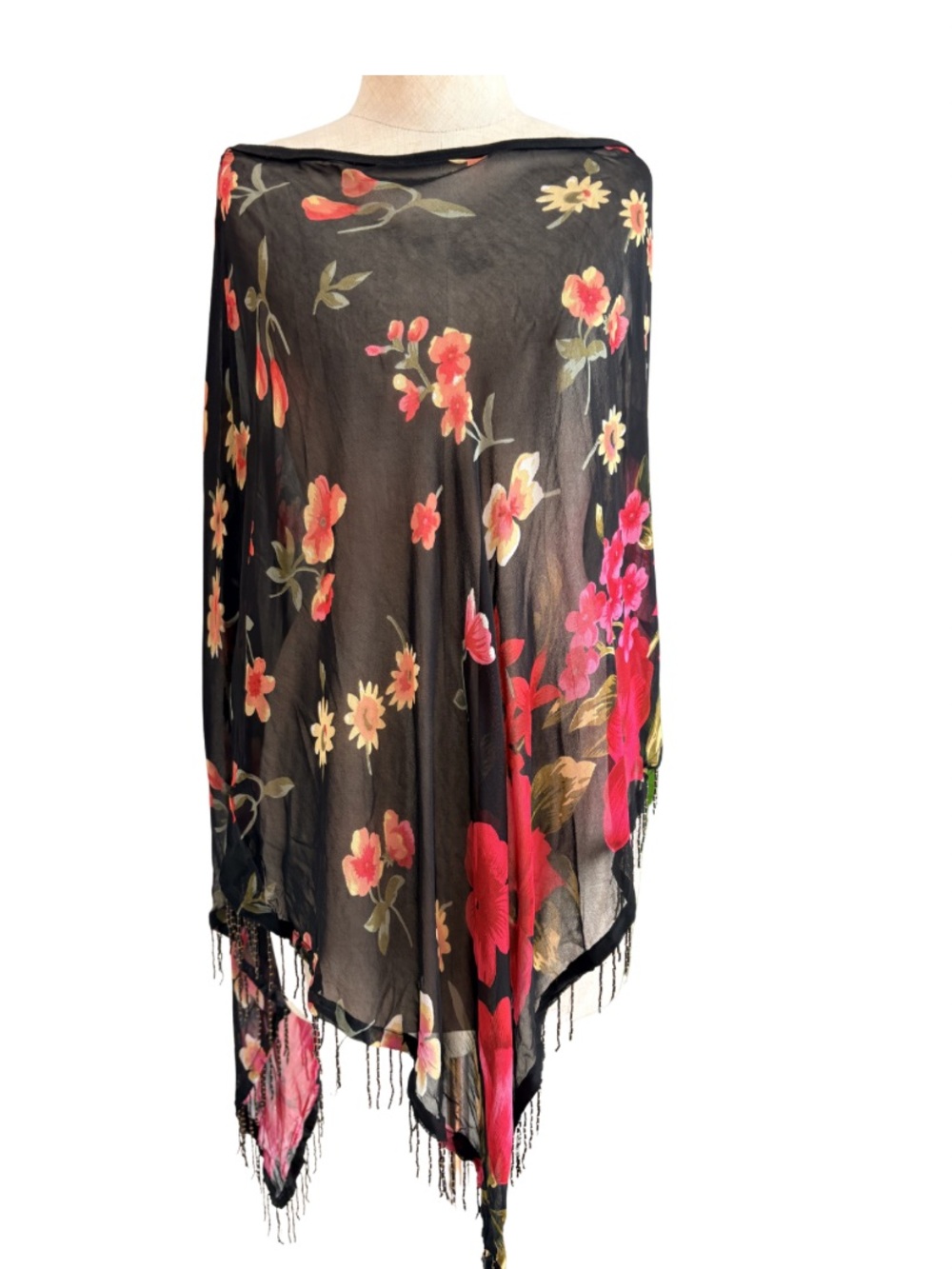 Y2K Black Sheer Beaded Fringe Shawl Poncho Top Whimsigoth Hippie XL Floral